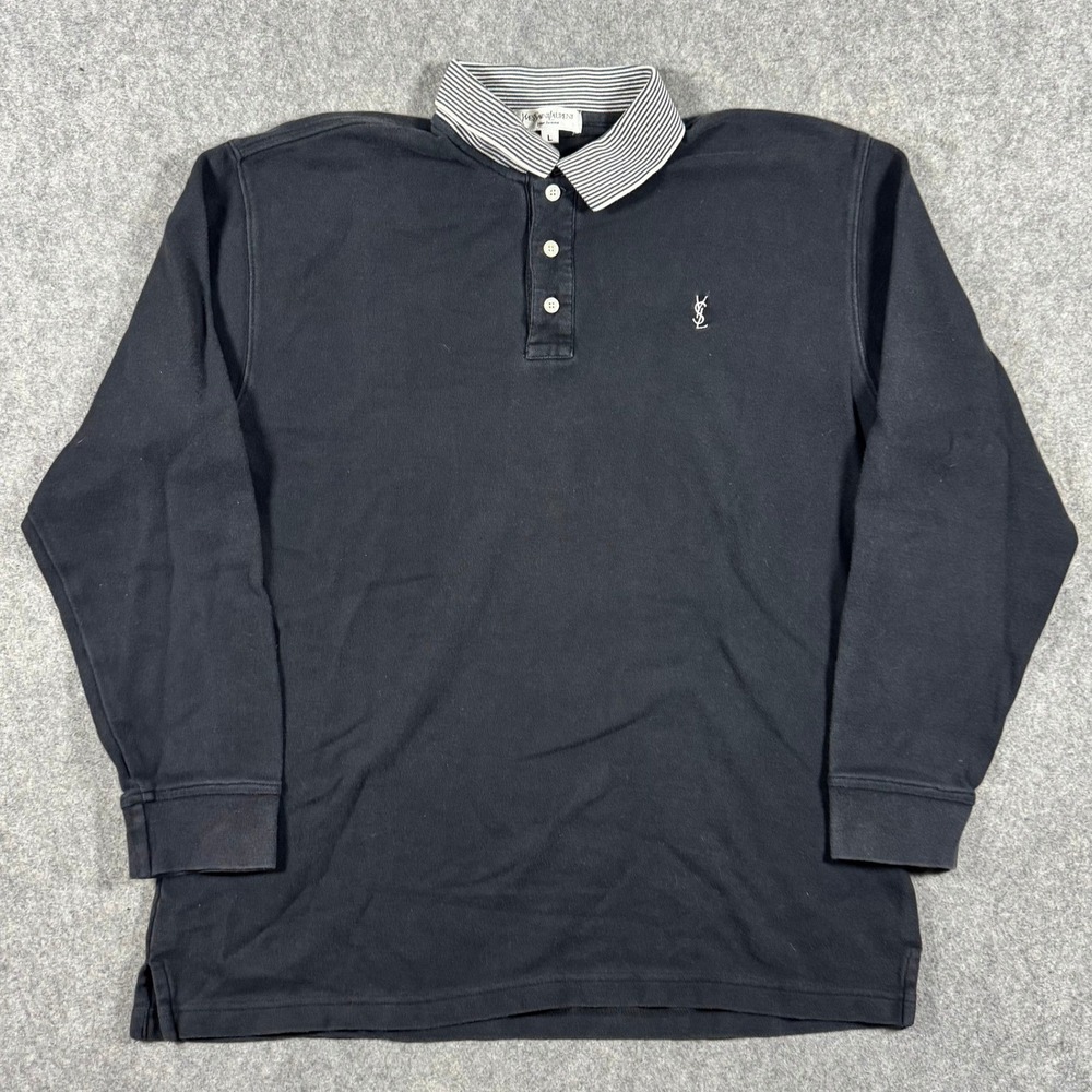 Yves Saint Laurent Polo Shirt Men Large Black Long Sleeve Striped Collar VTG 90s